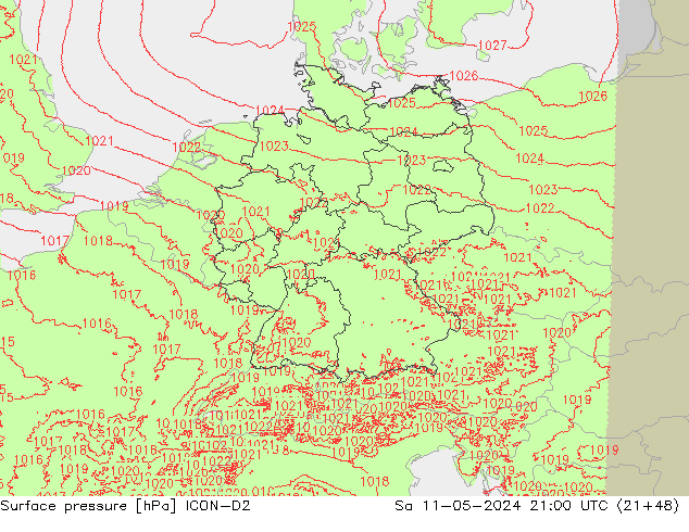 Atmosférický tlak ICON-D2 So 11.05.2024 21 UTC