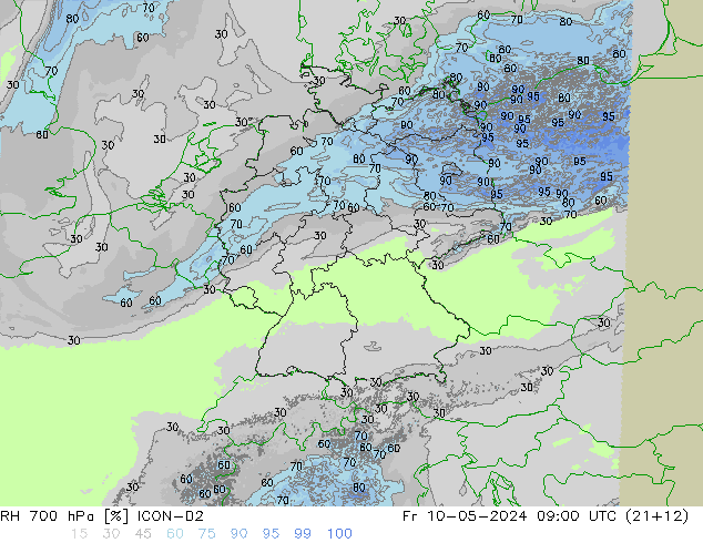 RH 700 hPa ICON-D2 星期五 10.05.2024 09 UTC