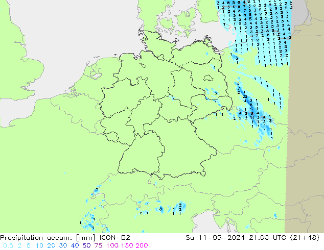 Precipitation accum. ICON-D2 сб 11.05.2024 21 UTC