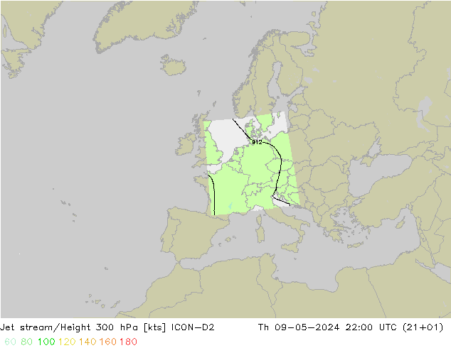 Corriente en chorro ICON-D2 jue 09.05.2024 22 UTC