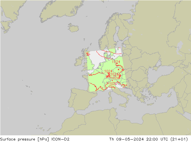 地面气压 ICON-D2 星期四 09.05.2024 22 UTC