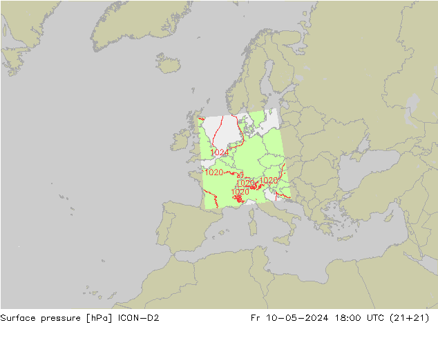 Pressione al suolo ICON-D2 ven 10.05.2024 18 UTC