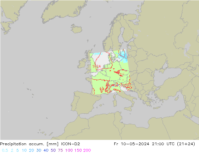 Precipitation accum. ICON-D2  10.05.2024 21 UTC