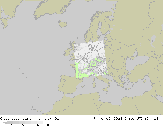 Cloud cover (total) ICON-D2 Fr 10.05.2024 21 UTC