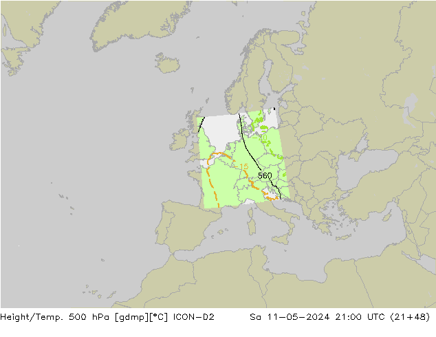 Height/Temp. 500 hPa ICON-D2 Sa 11.05.2024 21 UTC