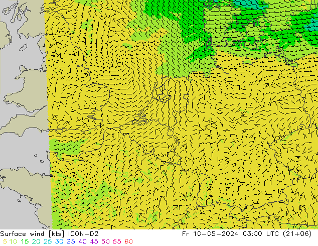 风 10 米 ICON-D2 星期五 10.05.2024 03 UTC