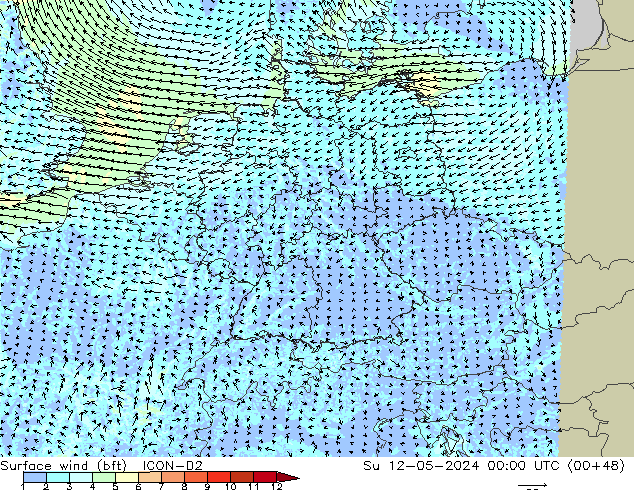 Surface wind (bft) ICON-D2 Su 12.05.2024 00 UTC