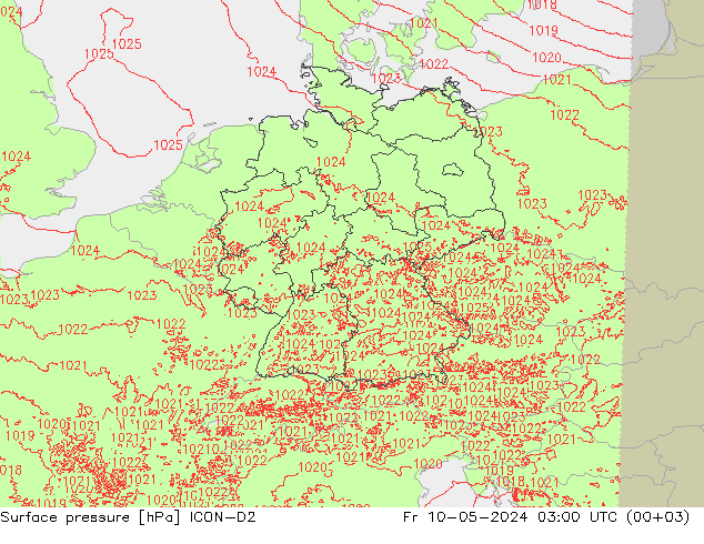 地面气压 ICON-D2 星期五 10.05.2024 03 UTC