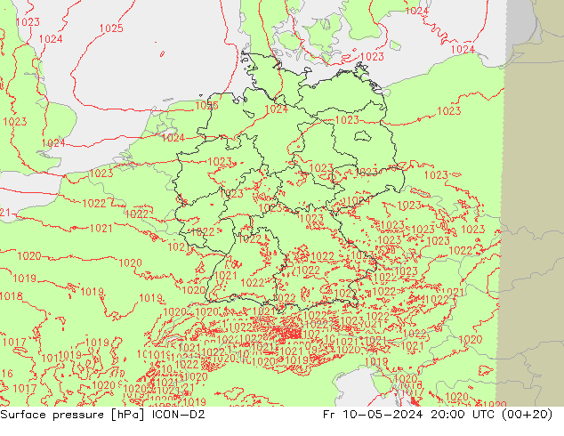 地面气压 ICON-D2 星期五 10.05.2024 20 UTC