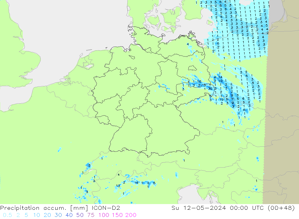Precipitation accum. ICON-D2 Su 12.05.2024 00 UTC