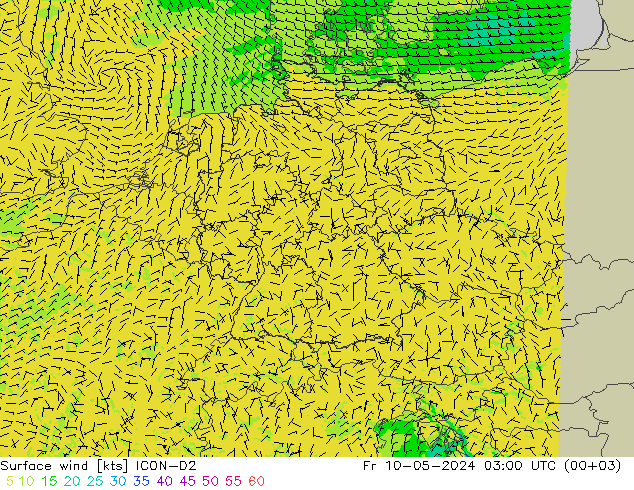风 10 米 ICON-D2 星期五 10.05.2024 03 UTC