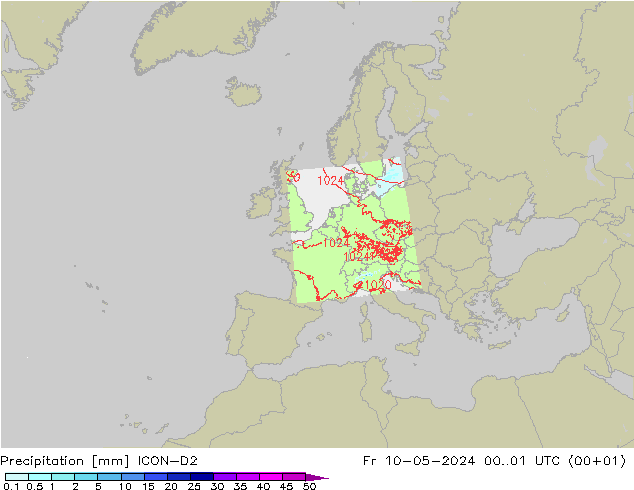 Srážky ICON-D2 Pá 10.05.2024 01 UTC