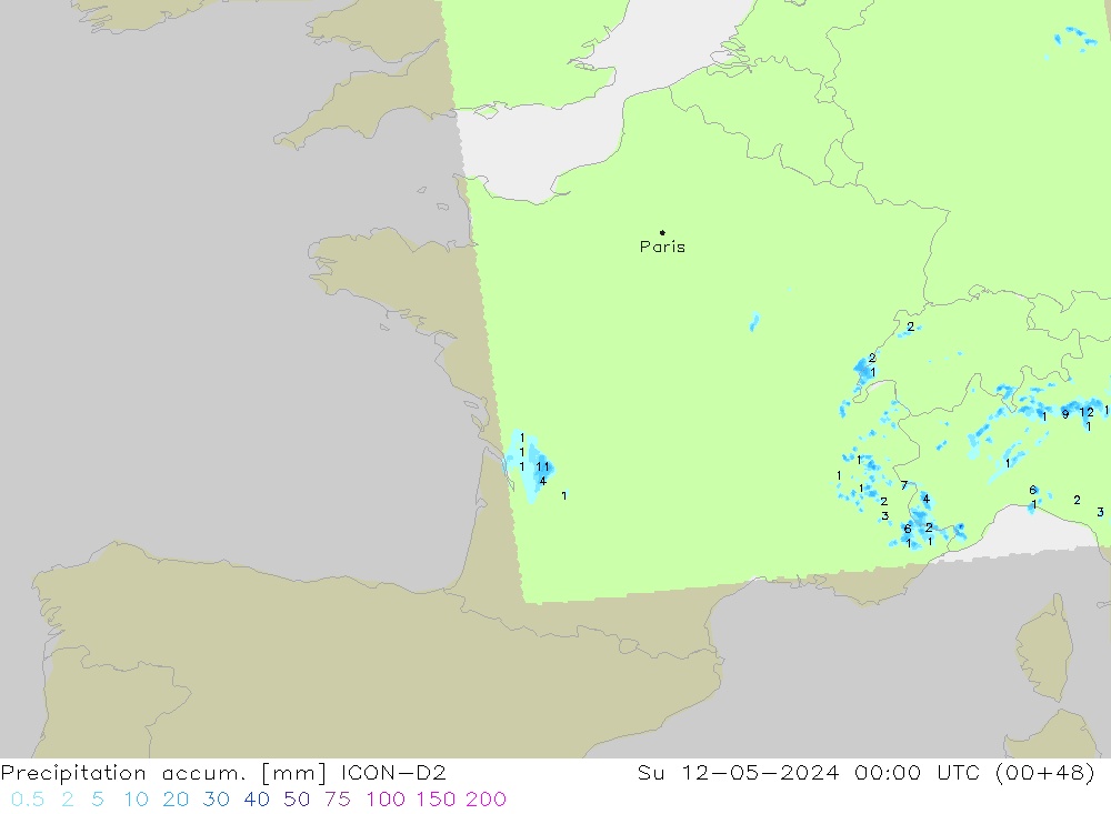 Precipitation accum. ICON-D2 Su 12.05.2024 00 UTC