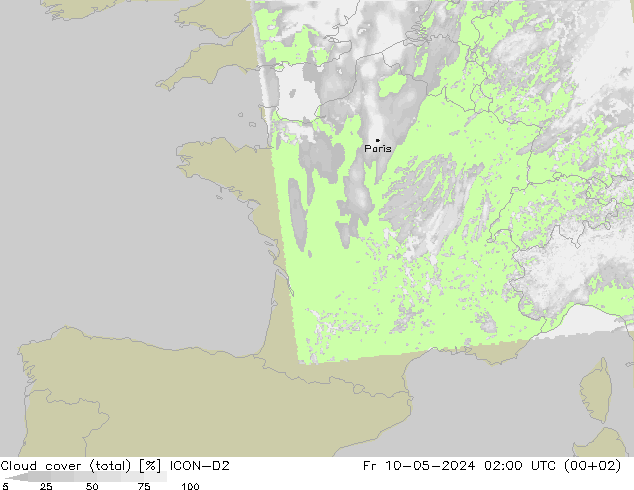 Bewolking (Totaal) ICON-D2 vr 10.05.2024 02 UTC