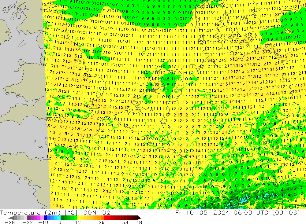 Temperatura (2m) ICON-D2 vie 10.05.2024 06 UTC