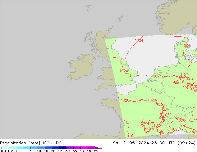 Srážky ICON-D2 So 11.05.2024 00 UTC