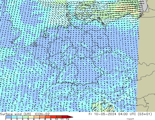 Surface wind (bft) ICON-D2 Pá 10.05.2024 04 UTC