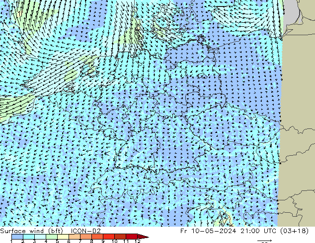 Surface wind (bft) ICON-D2 Fr 10.05.2024 21 UTC