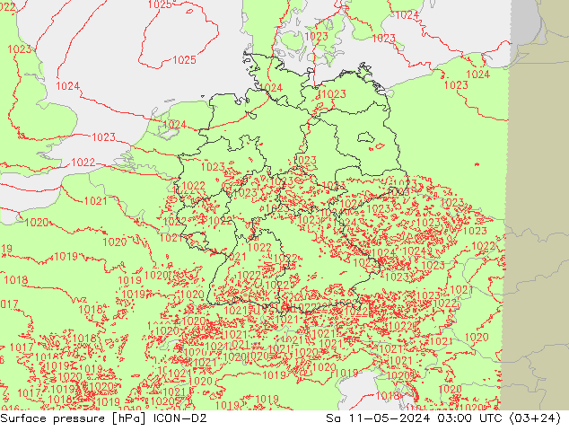 地面气压 ICON-D2 星期六 11.05.2024 03 UTC