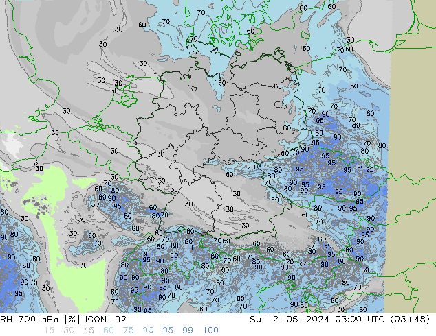 RH 700 hPa ICON-D2 Su 12.05.2024 03 UTC