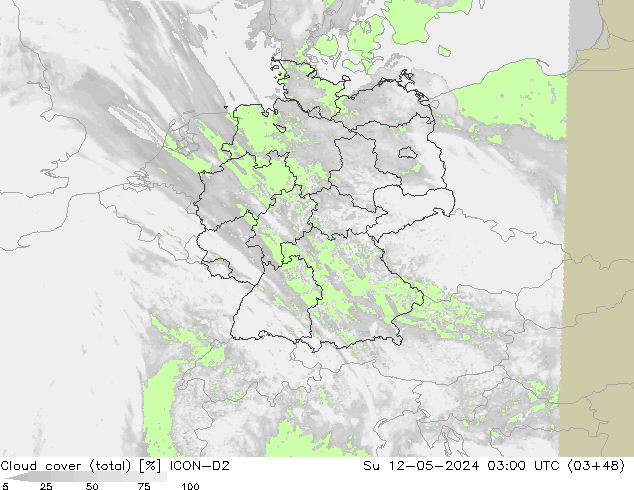 Cloud cover (total) ICON-D2 Su 12.05.2024 03 UTC