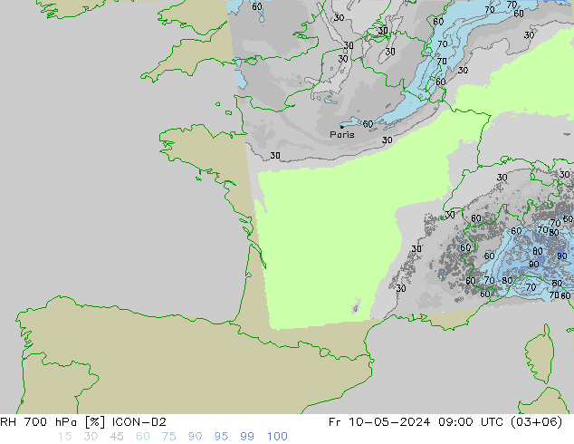 Humidité rel. 700 hPa ICON-D2 ven 10.05.2024 09 UTC