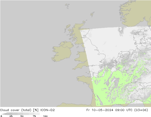 Bewolking (Totaal) ICON-D2 vr 10.05.2024 09 UTC