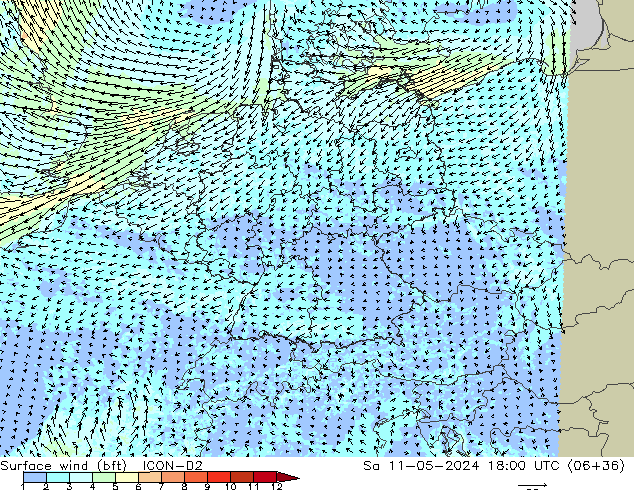 Surface wind (bft) ICON-D2 Sa 11.05.2024 18 UTC