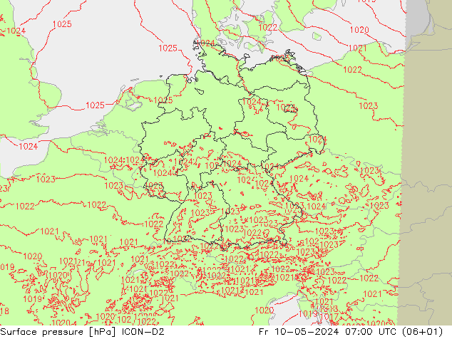 地面气压 ICON-D2 星期五 10.05.2024 07 UTC