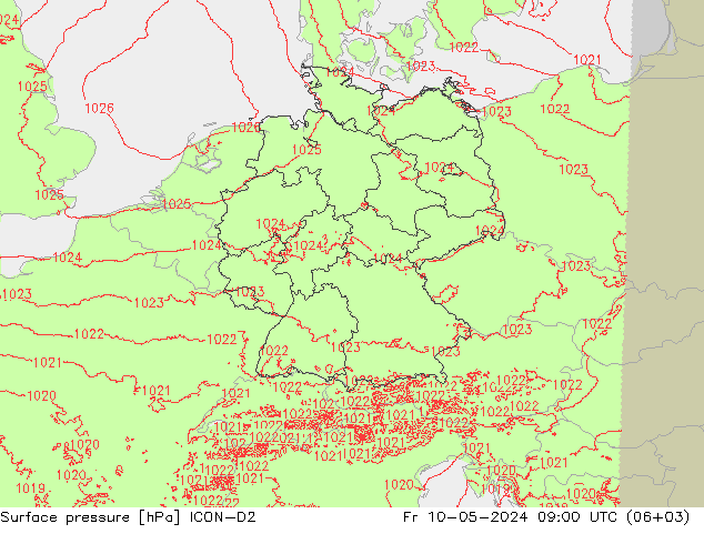 地面气压 ICON-D2 星期五 10.05.2024 09 UTC
