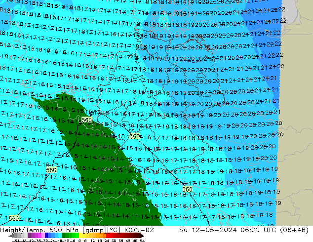 Height/Temp. 500 hPa ICON-D2 Su 12.05.2024 06 UTC