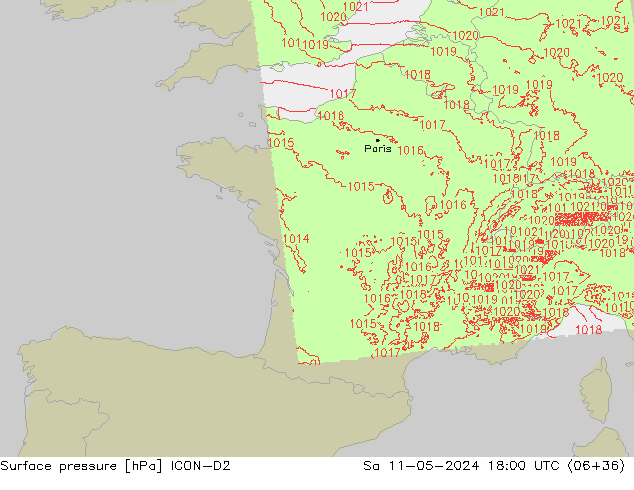 Presión superficial ICON-D2 sáb 11.05.2024 18 UTC