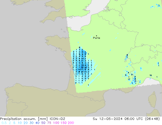 Precipitation accum. ICON-D2 Su 12.05.2024 06 UTC