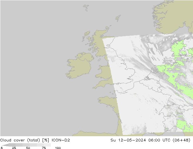 Cloud cover (total) ICON-D2 Su 12.05.2024 06 UTC