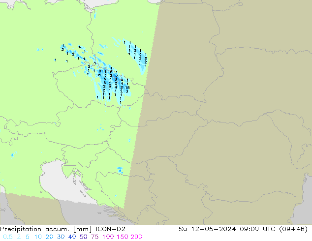 Totale neerslag ICON-D2 zo 12.05.2024 09 UTC