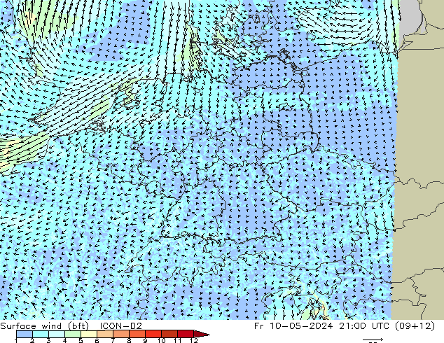 Surface wind (bft) ICON-D2 Fr 10.05.2024 21 UTC