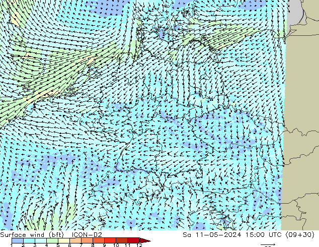 Wind 10 m (bft) ICON-D2 za 11.05.2024 15 UTC
