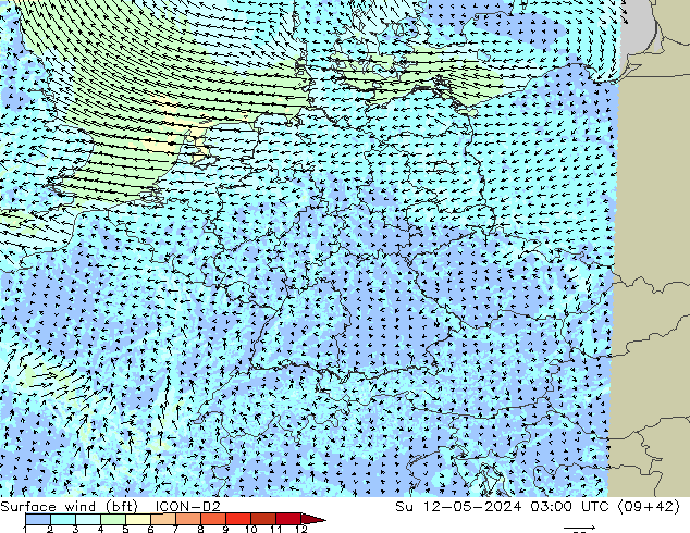 Surface wind (bft) ICON-D2 Su 12.05.2024 03 UTC