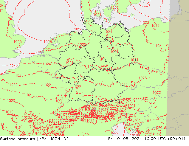地面气压 ICON-D2 星期五 10.05.2024 10 UTC