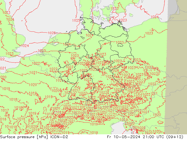 Luchtdruk (Grond) ICON-D2 vr 10.05.2024 21 UTC