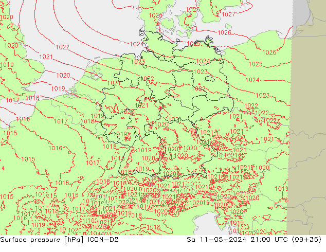 Presión superficial ICON-D2 sáb 11.05.2024 21 UTC