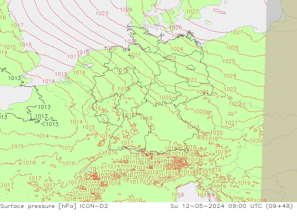 Surface pressure ICON-D2 Su 12.05.2024 09 UTC