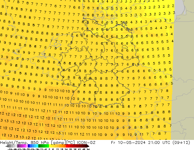 Height/Temp. 850 гПа ICON-D2 пт 10.05.2024 21 UTC