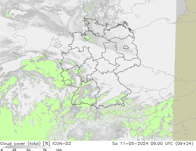 nuvens (total) ICON-D2 Sáb 11.05.2024 09 UTC