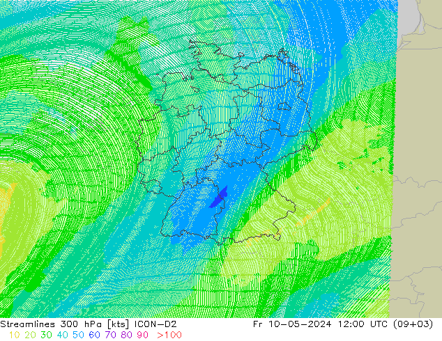 ветер 300 гПа ICON-D2 пт 10.05.2024 12 UTC