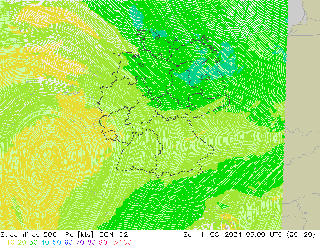 Stromlinien 500 hPa ICON-D2 Sa 11.05.2024 05 UTC