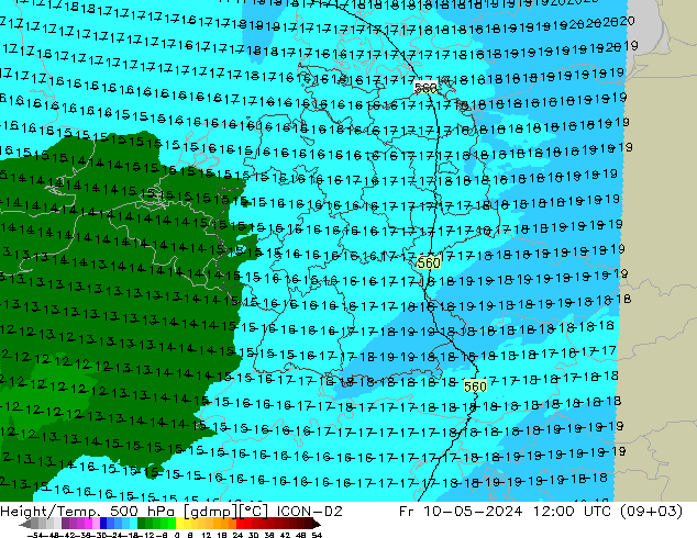 Height/Temp. 500 hPa ICON-D2 pt. 10.05.2024 12 UTC