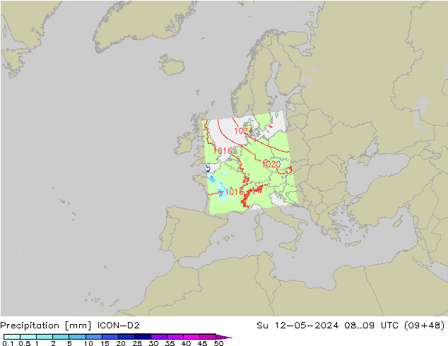 Srážky ICON-D2 Ne 12.05.2024 09 UTC