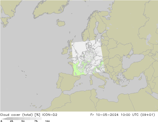 Bewolking (Totaal) ICON-D2 vr 10.05.2024 10 UTC