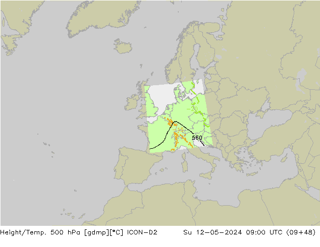 Géop./Temp. 500 hPa ICON-D2 dim 12.05.2024 09 UTC